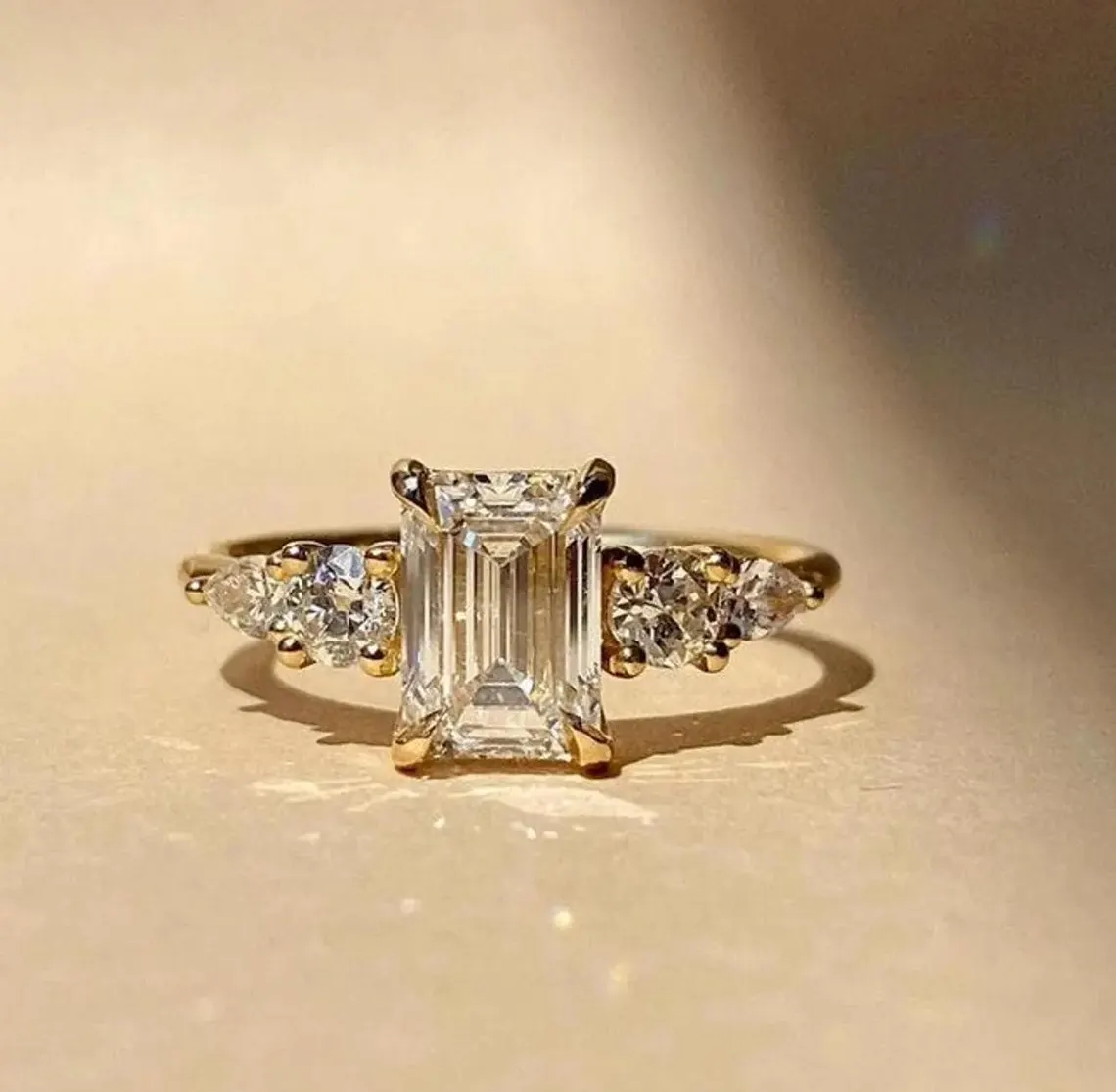 2 CT Emerald Cut Moissanite Three Stone Engagement Ring