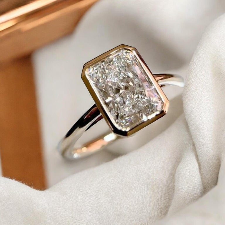 Radiant Cut Bezel Set Moissanite Engagement Ring in White Gold | Minimalist Promise Ring