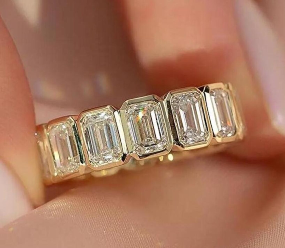 0.50 CT Emerald Cut Moissanite Bezel Wedding Band