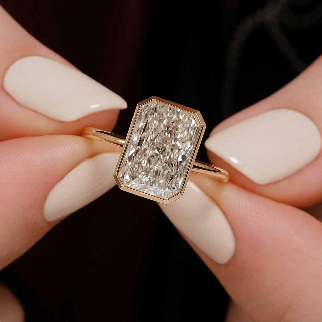Radiant Cut Bezel Set Moissanite Engagement Ring in White Gold | Minimalist Promise Ring