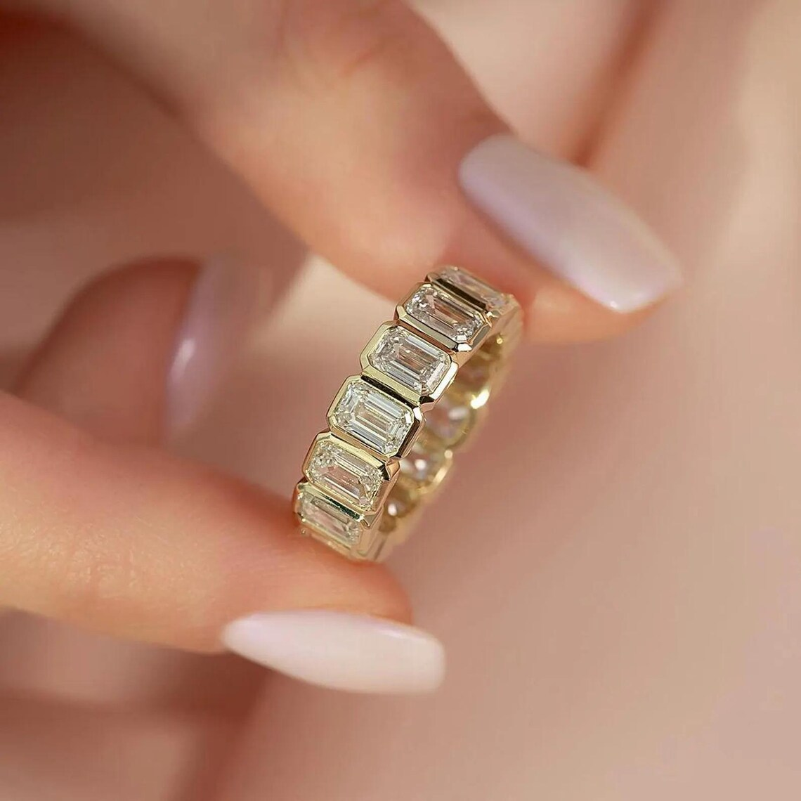 0.50 CT Emerald Cut Moissanite Bezel Wedding Band