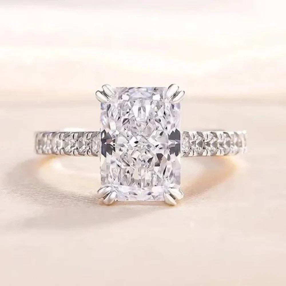 Radiant Cut Moissanite Engagement Ring with Pave Band