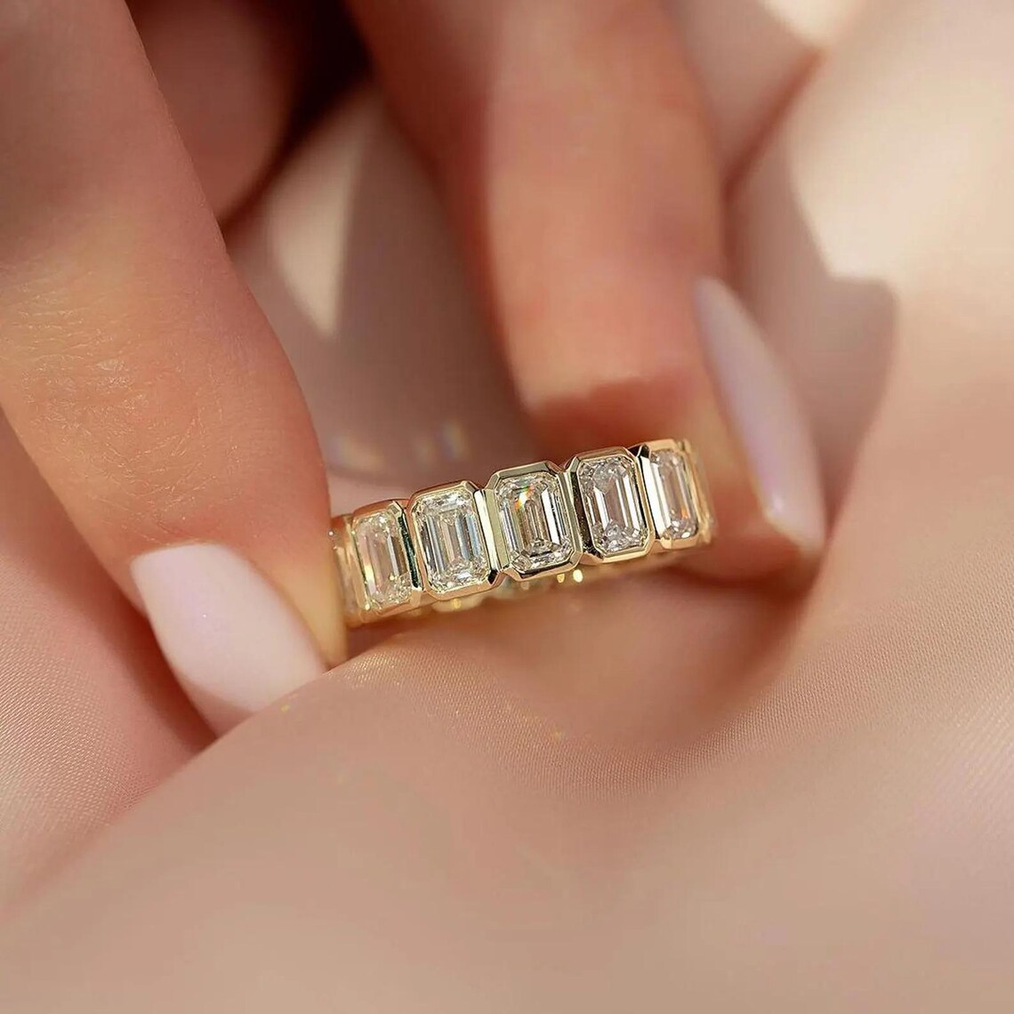 0.50 CT Emerald Cut Moissanite Bezel Wedding Band