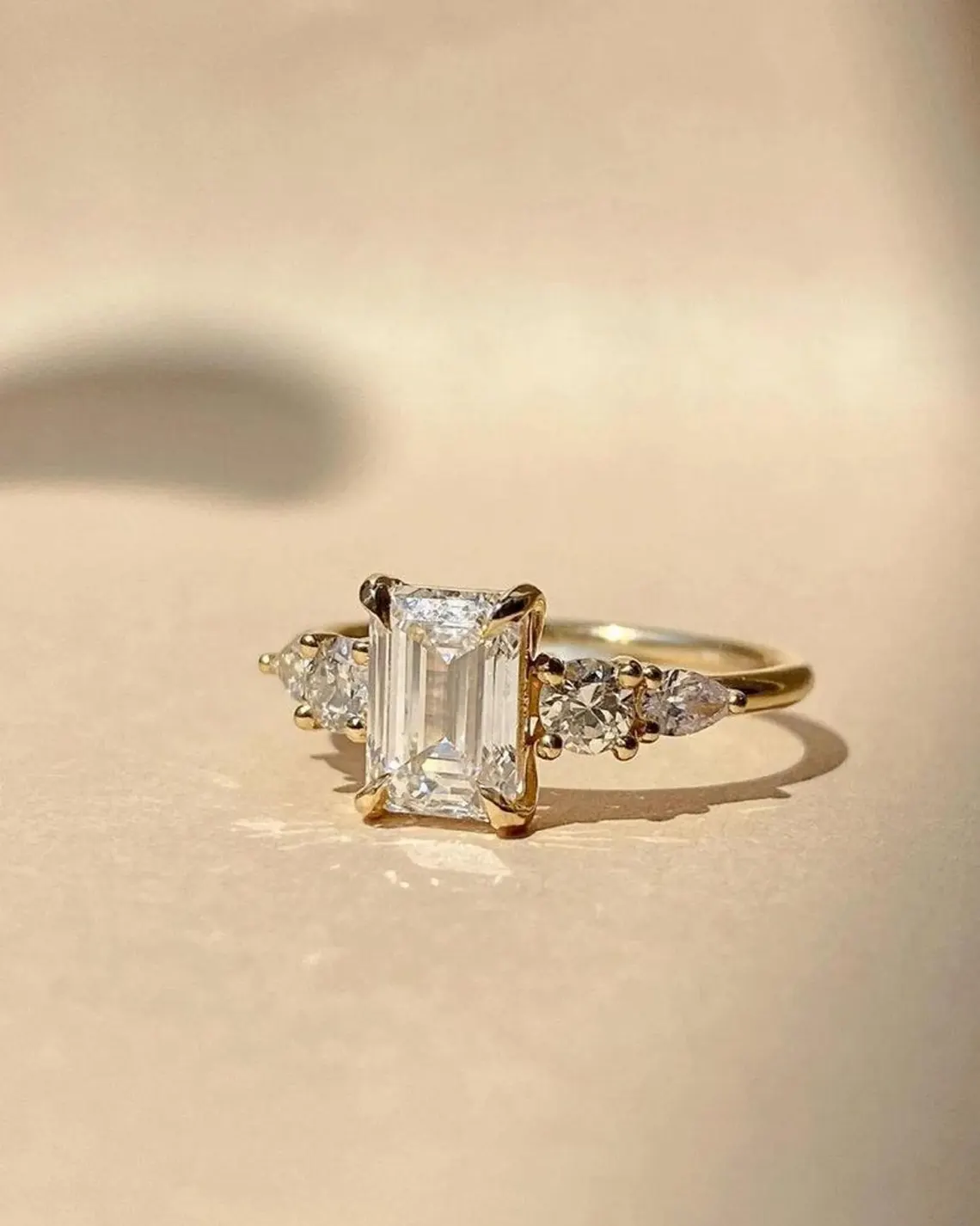 2 CT Emerald Cut Moissanite Three Stone Engagement Ring
