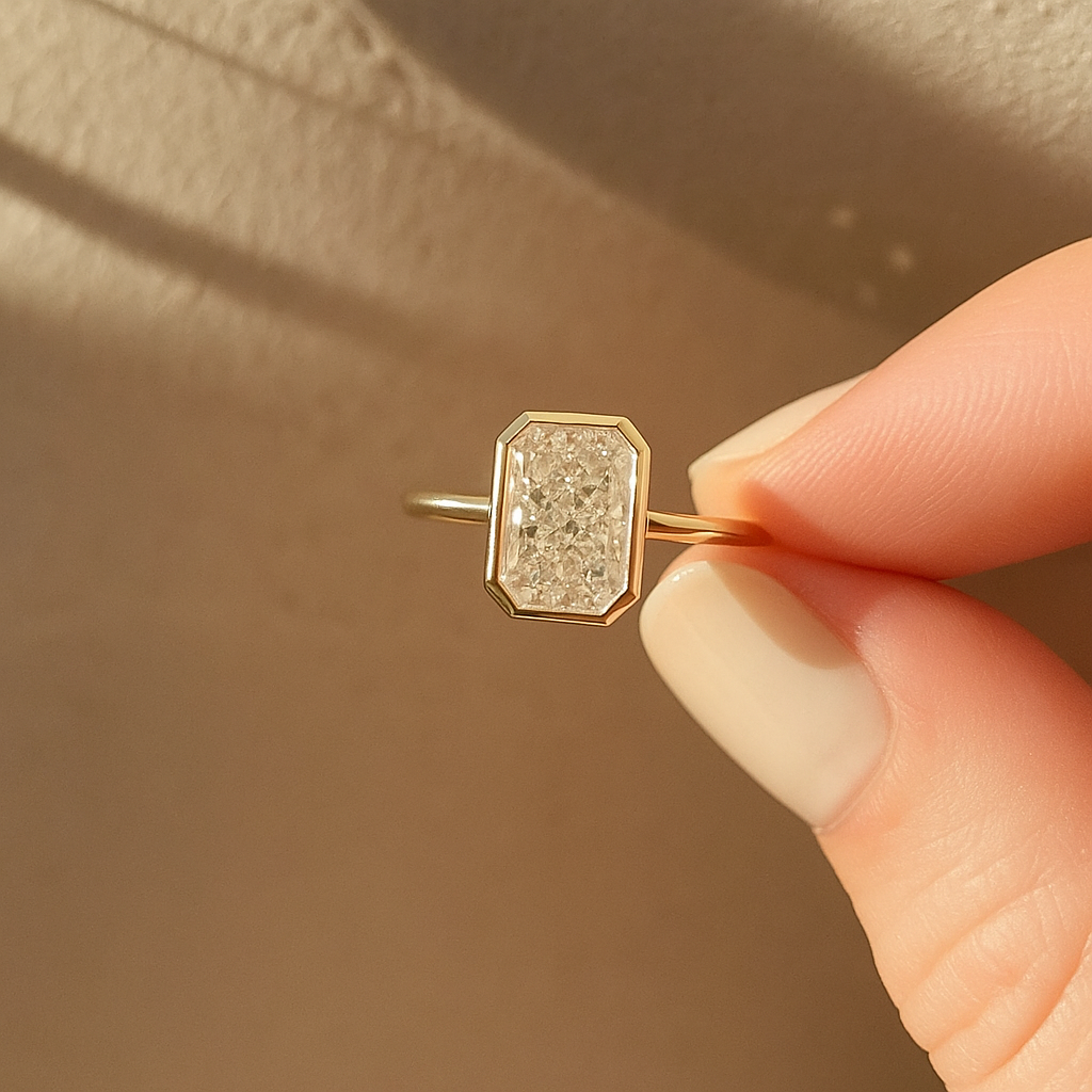 Radiant Cut Bezel Set Moissanite Engagement Ring in White Gold | Minimalist Promise Ring