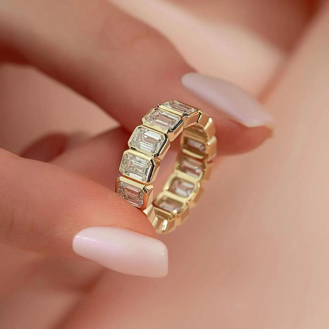 0.50 CT Emerald Cut Moissanite Bezel Wedding Band