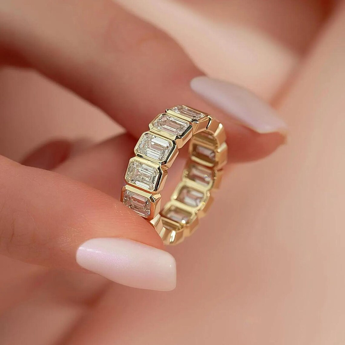 0.50 CT Emerald Cut Moissanite Bezel Wedding Band