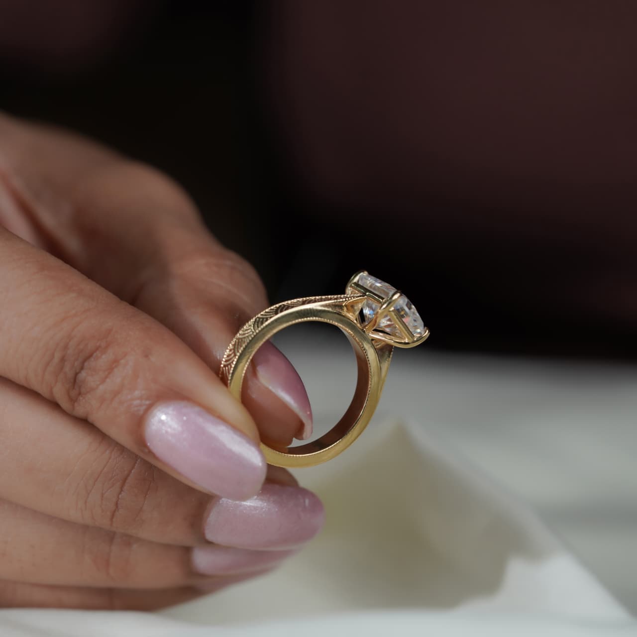 Radiant Cut Solitaire Engraved Vintage Inspired Bridal Ring