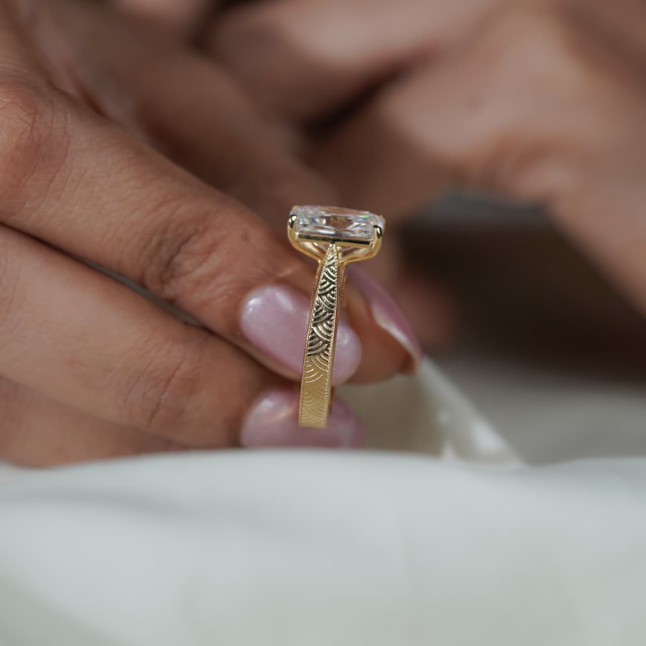 Radiant Cut Solitaire Engraved Vintage Inspired Bridal Ring