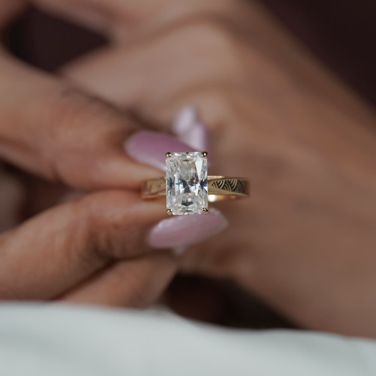 Radiant Cut Solitaire Engraved Vintage Inspired Bridal Ring