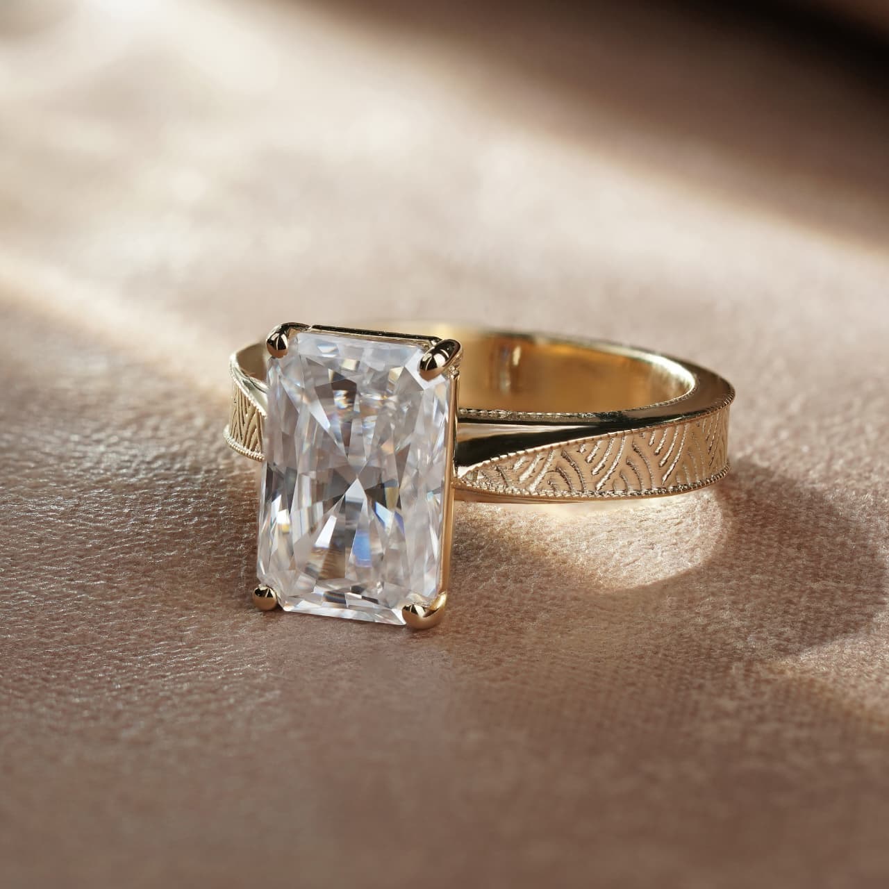 Radiant Cut Solitaire Engraved Vintage Inspired Bridal Ring