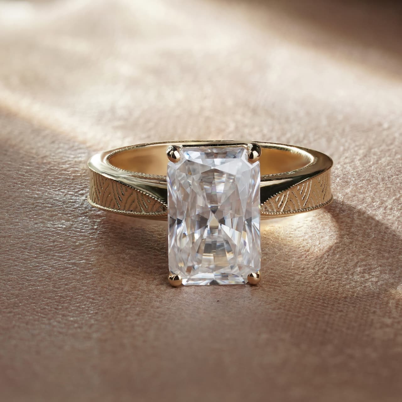 Radiant Cut Solitaire Engraved Vintage Inspired Bridal Ring