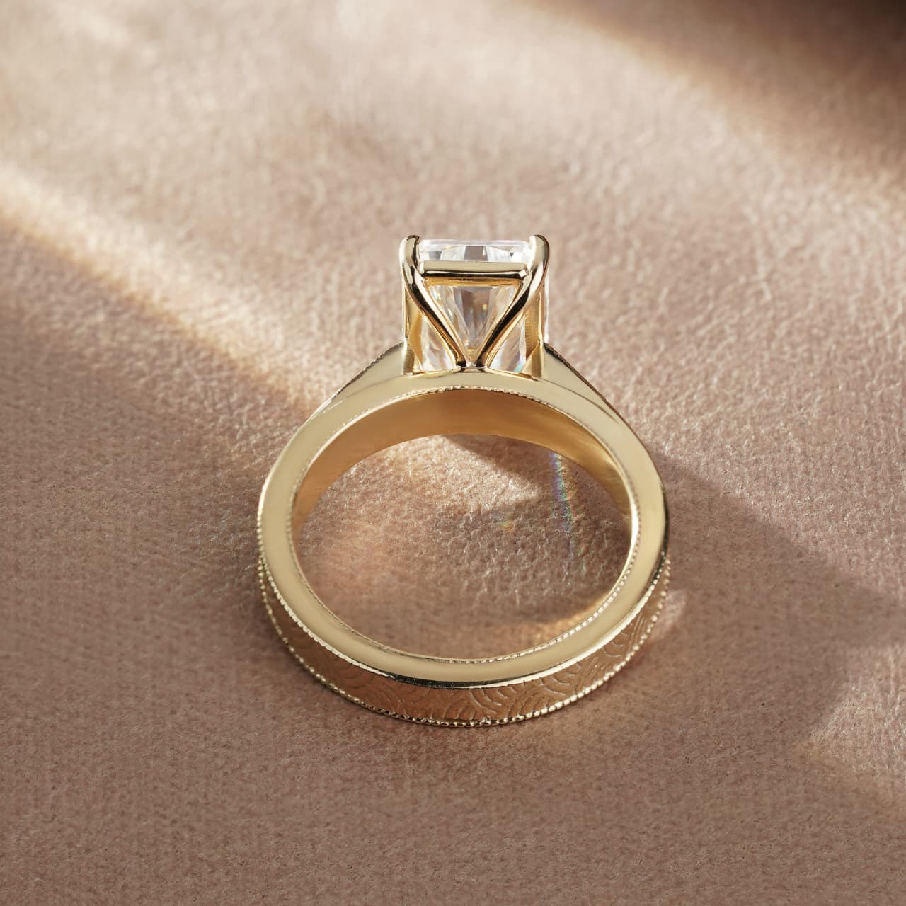 Radiant Cut Solitaire Engraved Vintage Inspired Bridal Ring