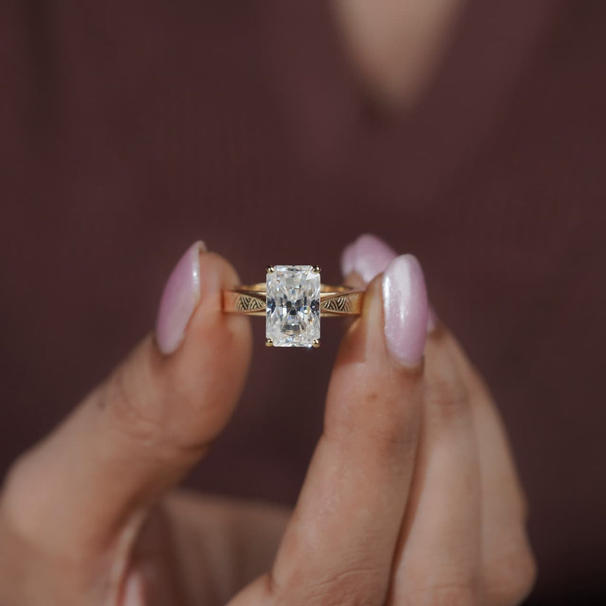 Radiant Cut Solitaire Engraved Vintage Inspired Bridal Ring