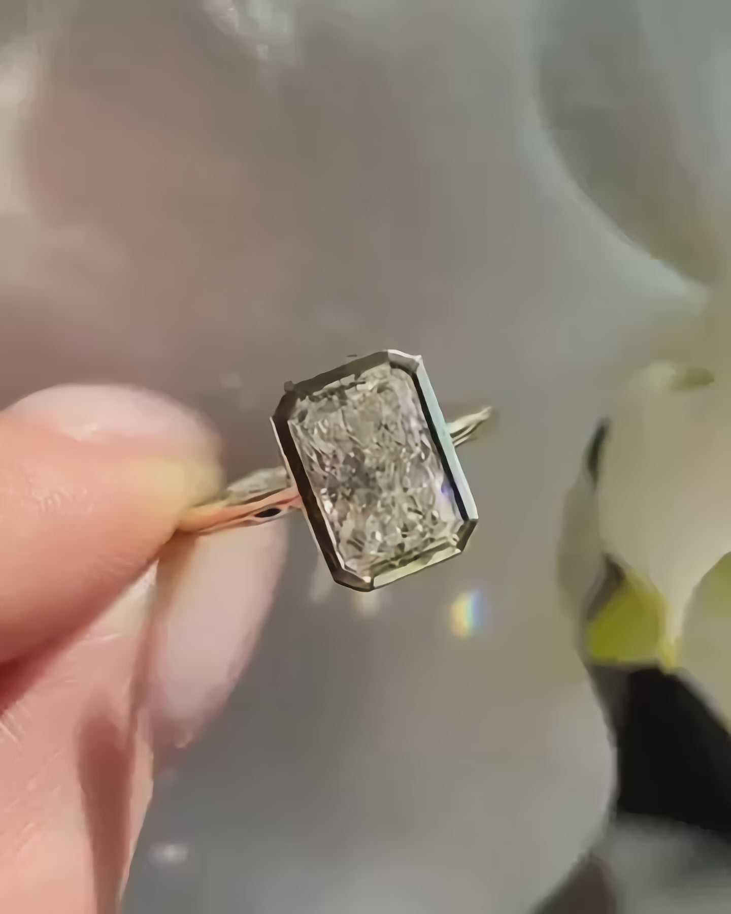 Radiant Cut Bezel Set Moissanite Engagement Ring in White Gold | Minimalist Promise Ring