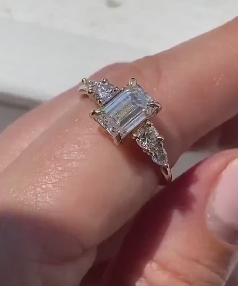 2 CT Emerald Cut Moissanite Three Stone Engagement Ring