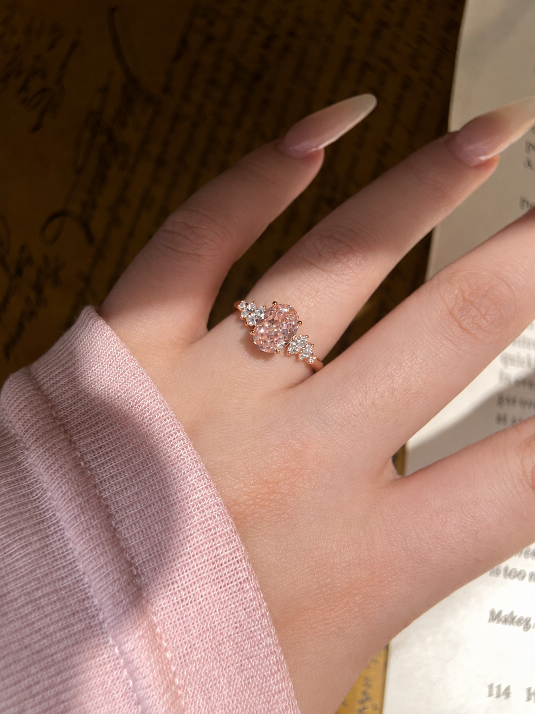 Oval Pink Moissanite Engagement Ring with Floral Side Stones