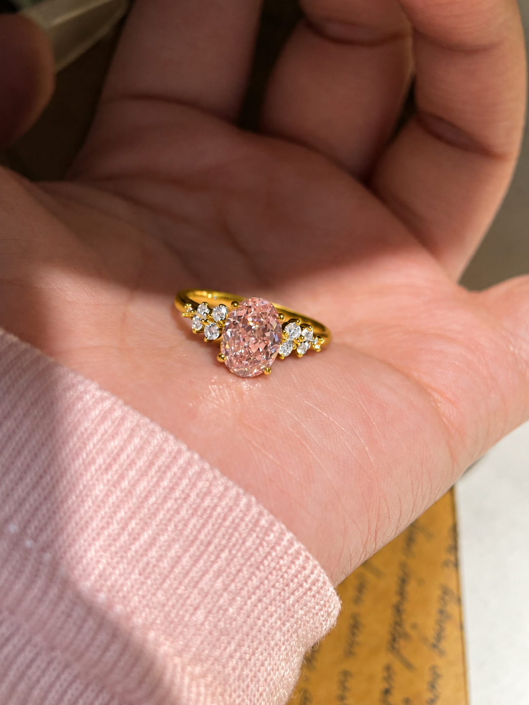 Oval Pink Moissanite Engagement Ring with Floral Side Stones